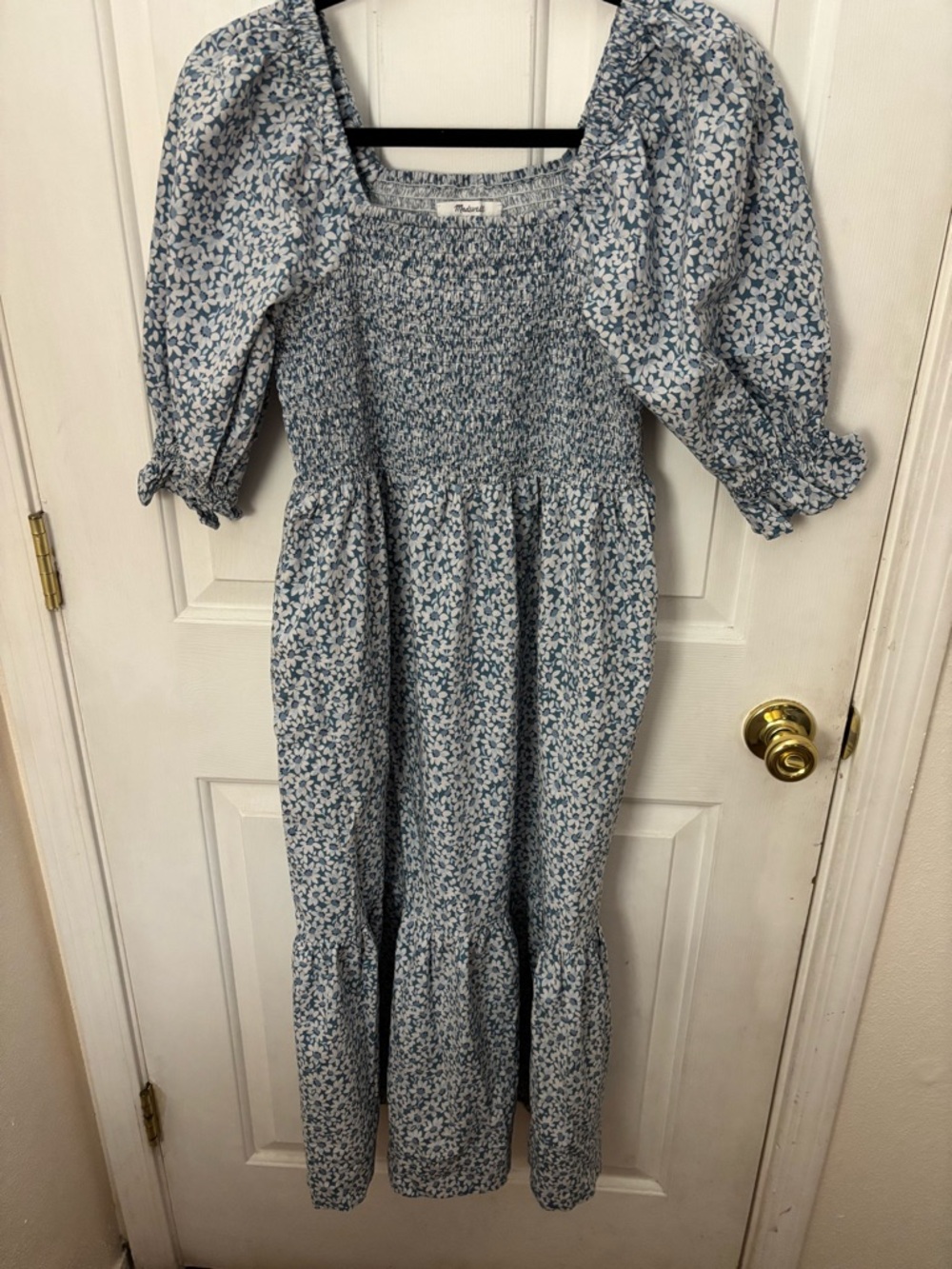 Madewell Blue Floral Smocked Midi Dress